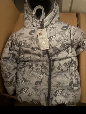 Swiss Tech Kids Gray Dino Print Puffer Jacket with Hood